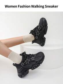 somiliss 1 双 2025 春季新款运动风格防滑女士休闲运动鞋，前系带超纤皮革网眼透气舒适跑步鞋，时尚百搭 7 厘米厚底星形图案户外步行鞋，黑色