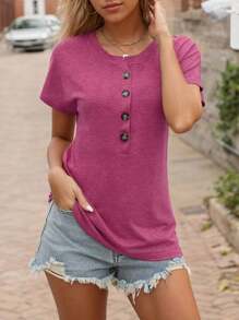 hoteel Womens Crew Neck Short Sleeve Buttons Tops Basic Loose Fit Blouse - Màu Hồng Tươi - Xem 3