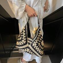 新款别致甜美编织纹理草编包，时尚 Ins 风格女士单肩包，纸绳包，波西米亚风，沙滩包，女士草编沙滩包，夏季编织沙滩手提包，单肩手提包 - 彩色 - 查看 9