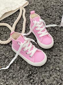 OPOEE White Canvas Shoes Baby Sneakers Mid Cut Casual Shoes Children Lace Up Vulcanized Shoes Spring Autumn Korean Style Minimalist Boys Girls Classic High Top Canvas Shoes Unisex Kids Skateboard Sneakers - Baby Pink - View 4