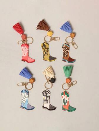 1pc Western Cowboy Boot Inspired Keychain With Fringe, Snake, Daisy, Cacti, Pink Star Print, And Wooden Pendant For Daily Outfit Accessory, Backpack For School Car Accessories Cute Goth Y2k Christmas Gift Ideas Bag Charms Car Accessories Teacher Friend Sister