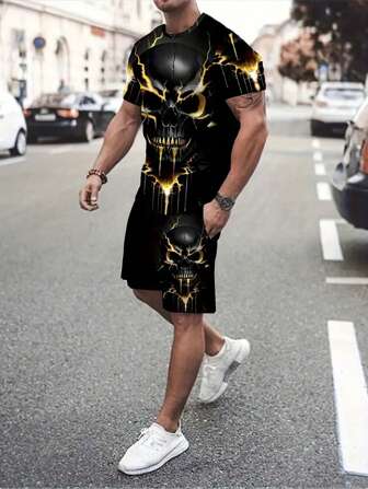 2 delar sommaroutfitset för män, nyhet skallemönster för män kortärmad T-shirt med rund hals och sportshorts med fickor