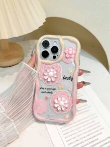2 stuks DIY crème patroon golvende rand vernis schilderij extra bedrukte cartoon 3D bloem strik beschermhoes, compatibel met iPhone, Galaxy, Redmi