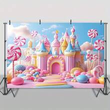 Candy Land Lollipop & Rainbow Castle 3D Tło Tkanina - Kolorowe Poliestrowe Tło Fotograficzne Na Imprezy Na Zewnątrz, Łatwe Do Wiszenia Dekoracje, Wykwintne
