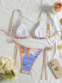 Braguitas de bikini con estampado de orquídeas rosas, con lazos laterales, sexy, adecuado para el uso en vacaciones de playa de chicas - Amarillo - Ver 2