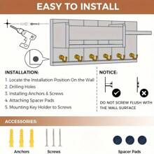 乡村风格木质壁挂式钥匙架，配有 6 个挂钩、邮件整理器和钥匙扣，适用于入口、厨房、农舍、客厅装饰、墙钩、易于安装、木质材料、墙壁相框、自粘式墙钩、挂钩、挂钩、墙钩、浴室、毛巾架、挂钩、墙钩、挂钩、墙钩、门衣架