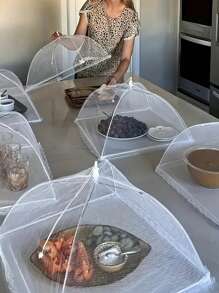 1pc White Portable Foldable Mesh Food Cover - White, Anti-Insect And Dustproof, Suitable For Picnic And Travel
