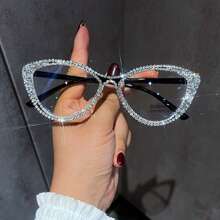 1 Pair Of Women's Cat Eye Rhinestone Clear Glasses Clear Glasses Accessories Glasses Accessories For Women Valentine's Day - Grey - View 1