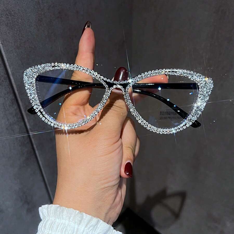 1 Pair Of Women's Cat Eye Rhinestone Clear Glasses Clear Glasses Accessories Glasses Accessories For Women Valentine's Day - Grey - View 1