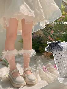 1 Pair Japanese Style Cute Crystal Polka Dot Double-Layer Organza Ruffle Ankle Socks, Spring/Summer - Black - View 3