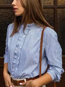 Camisa casual de cuello azul y blanco a rayas para mujer, apta para uso diario - Celeste - Ver 5