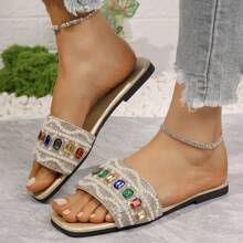 1 par de sandalias planas tipo chanclas para mujeres, nuevo estilo de verano 2025, tallas grandes, pantuflas de playa casuales - Dorado - Ver 2