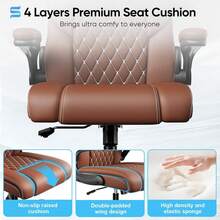 Sytas Executive Leather Office Chair, Comfy Desk Chair With Adjustable Headrest & Flip-Up Padded Arms & Lumbar Support, Adjustable Hight And Tilt, Rolling Swivel, Brown - Brown - View 10