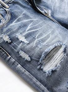 欧美风男士亮钢蓝色胡须印花修身直筒中长牛仔短裤，emo 风格 - 淺色水洗藍 - 查看 4