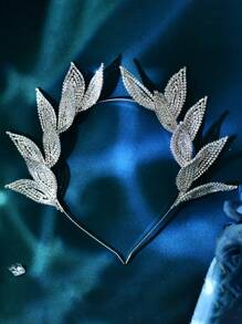 1pc Crystal Leaf Headband, Wedding Bridal Bridesmaid Hair Accessory, Women Party Event Decoration - Silver - View 3