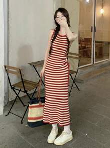 Ins Style Women Drawstring Crew Neck Sleeveless Long Casual Sweater Dress