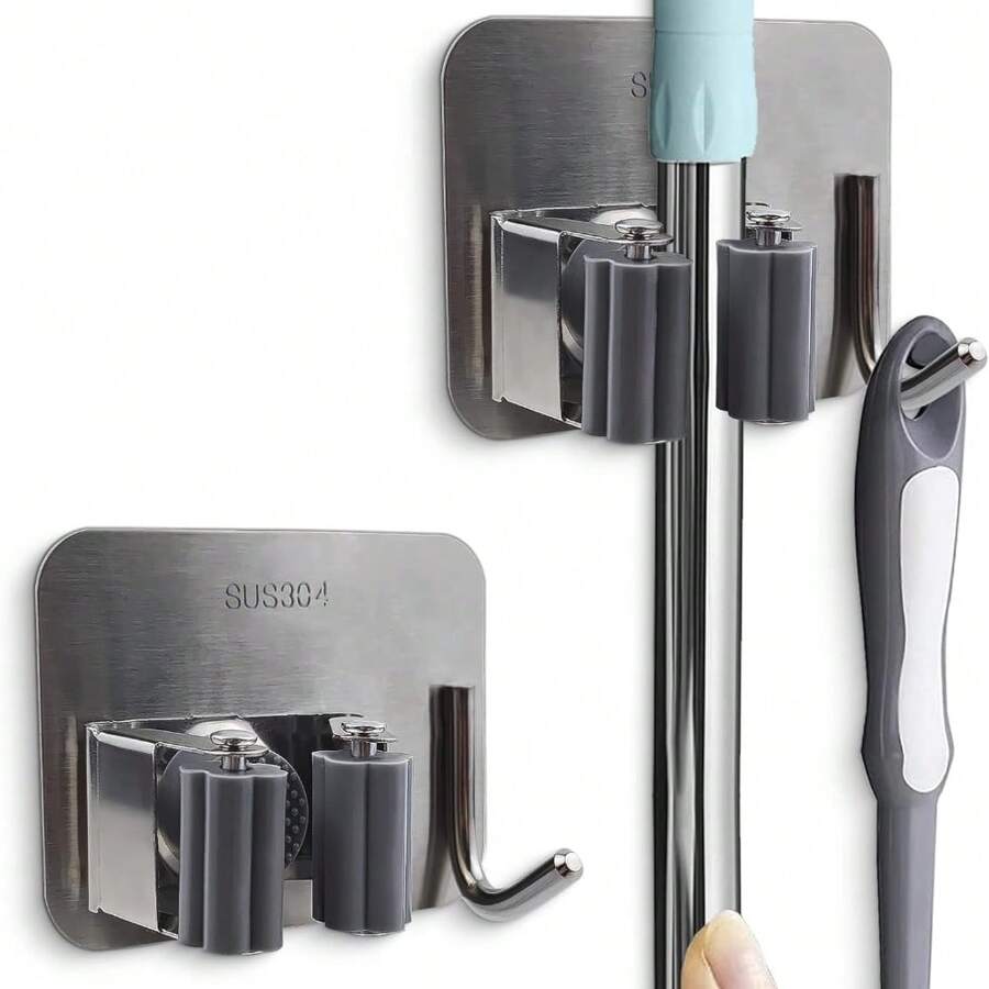 Stainless Steel Broom And Mop Holder With Adhesive Base, Wall-Mounted Tool Rack, Suitable For Home Organization
