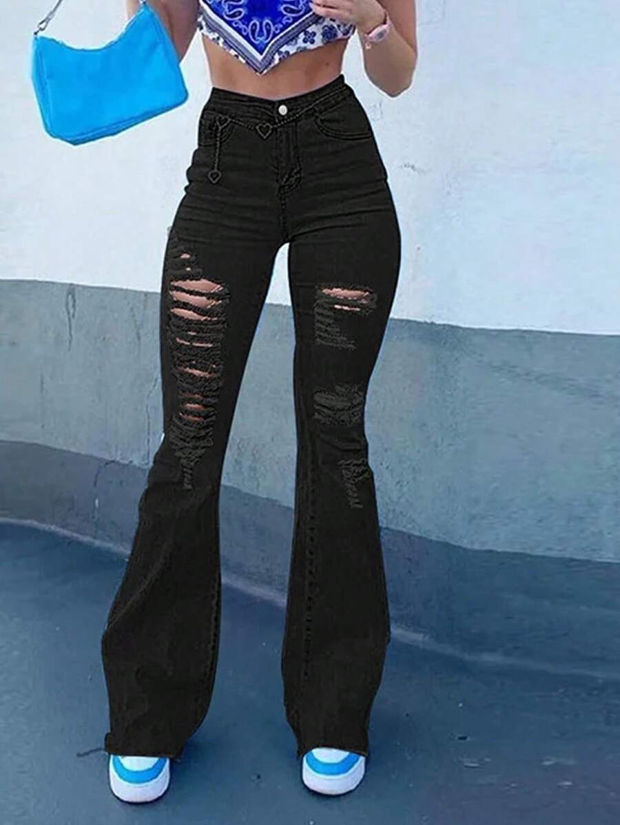 Ripped Raw Hem Flare Leg Jeans,Ladies Button,Pocket,Raw Hem,Ripped,Zipper High Waist Flare Leg Extra Long Black Regular Fit Women Jeans,Spring/Fall,Casual Daily Wear - 黑色 - 查看 1