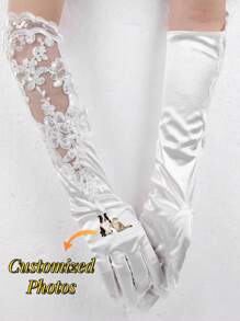 Customized Satin Lace Bridal Gloves; Personalized Image Customization; Personalized Opera Party White Lace Gloves; Enter The Marriage Hall With Your Pet; Wedding Bride Gloves; Any Image Content.