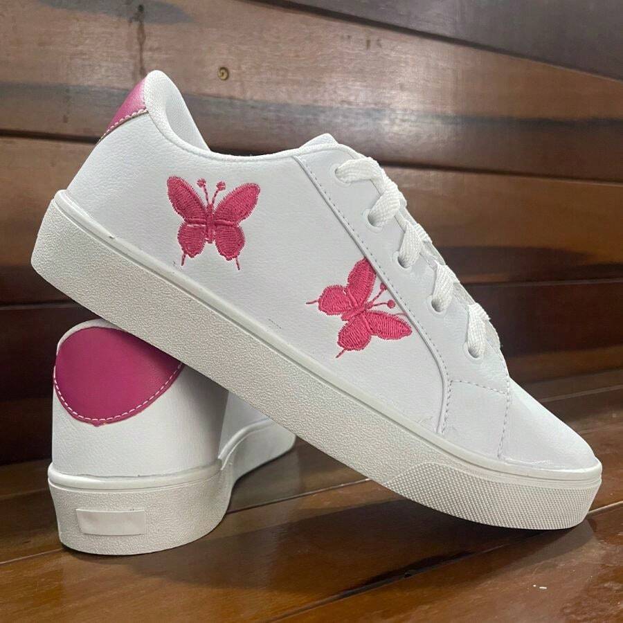 NEW COMFORTABLE BUTTERFLY CASUAL WOMEN'S TENNIS SHOES - WHITE/PINK - View 1