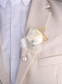 1pc Unisex Beige Rose Flower Brooch With Chiffon Ribbon And Golden Leaves Design, Suitable For Wedding, Parties, Ceremonies, And Daily Wear - Beige - View 1