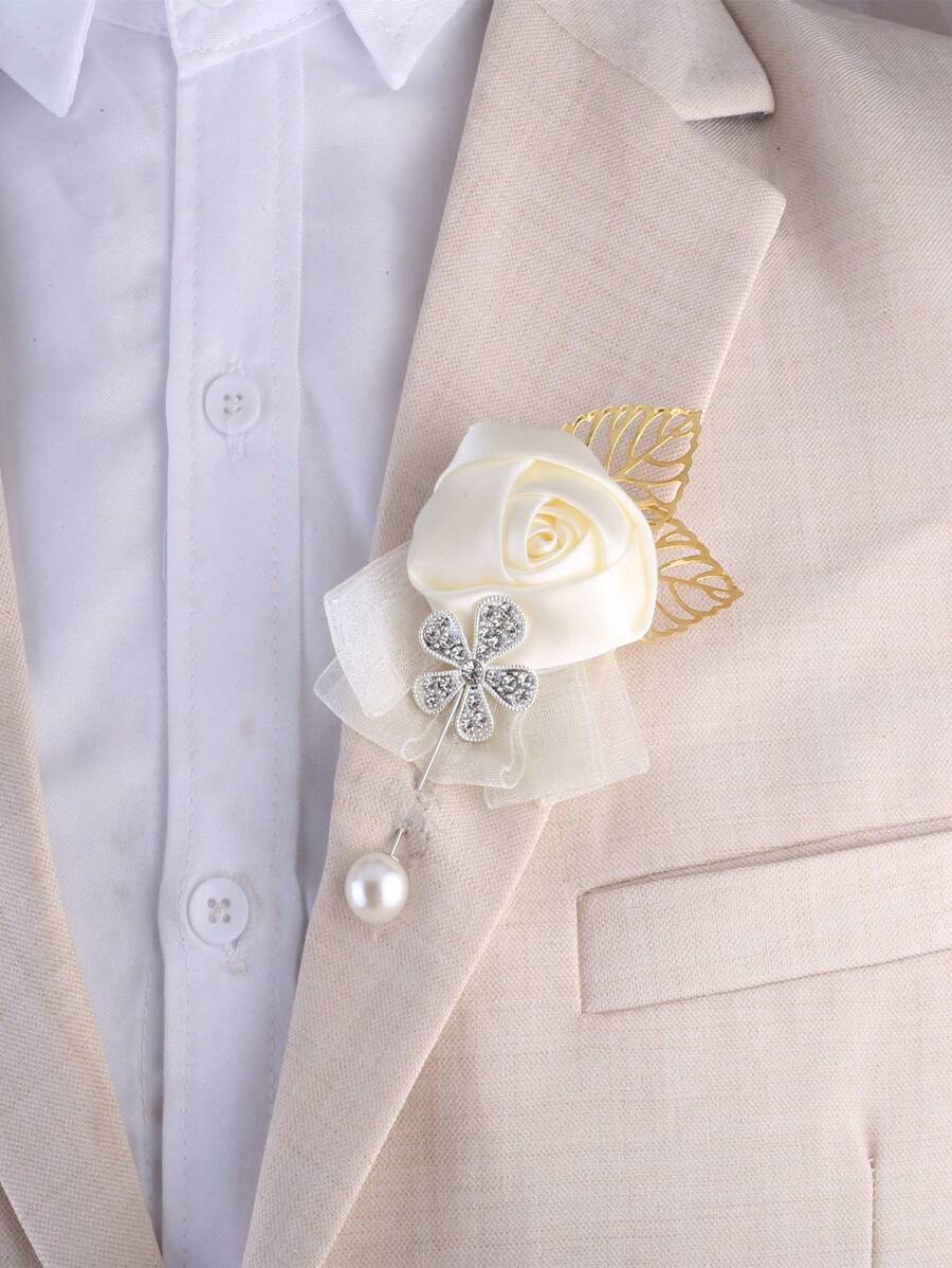 1pc Unisex Beige Rose Flower Brooch With Chiffon Ribbon And Golden Leaves Design, Suitable For Wedding, Parties, Ceremonies, And Daily Wear - Beige - View 1