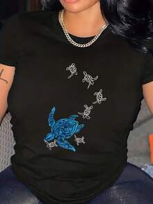 Camiseta de manga corta unicolor versátil y casual talla grande - Negro - Ver 1