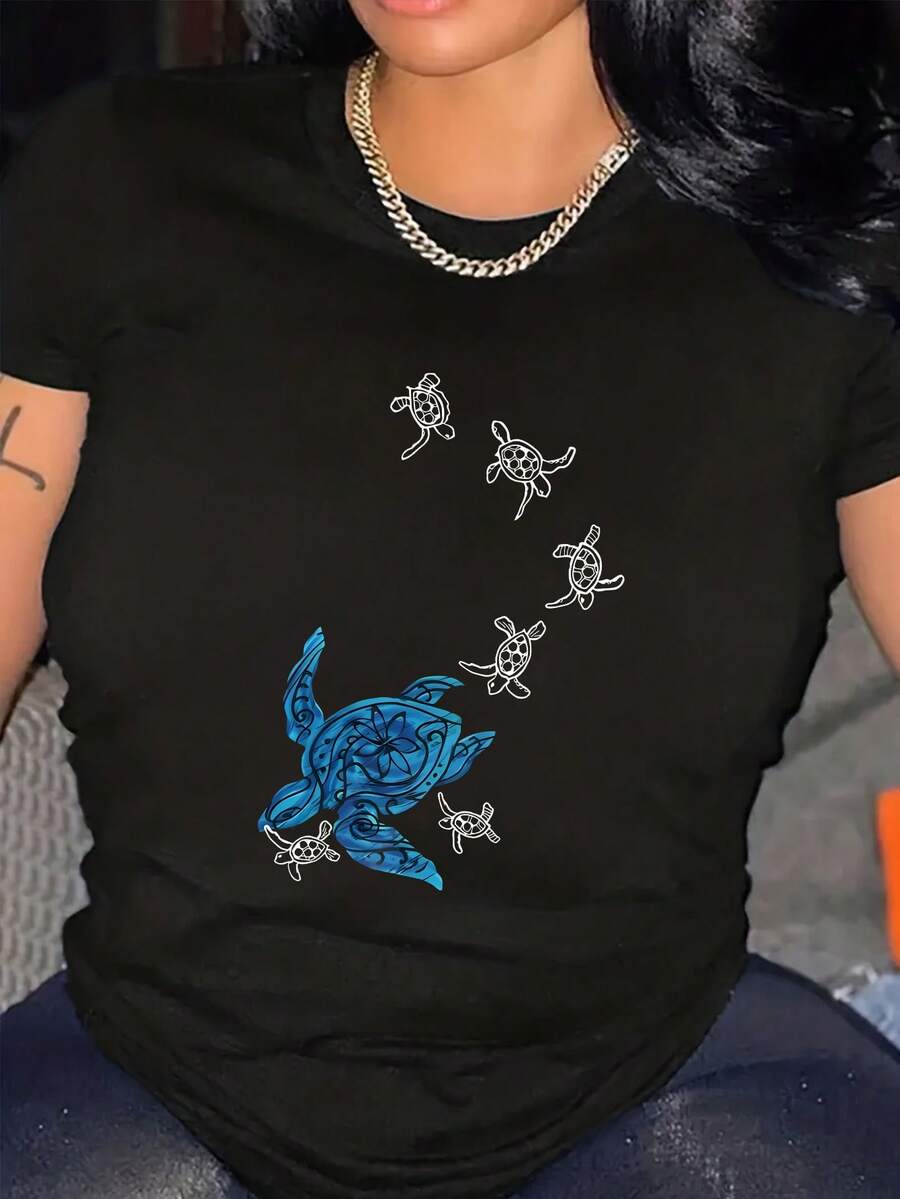 Camiseta de manga corta unicolor versátil y casual talla grande - Negro - Ver 1