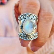 Boho Vintage Wide Band Statement Ring, Moonstone & Antique Silver Plated, Fashionable For Engagement, Anniversary, Birthday, Party, Vacation, Valentine's Day Jewelry Gift