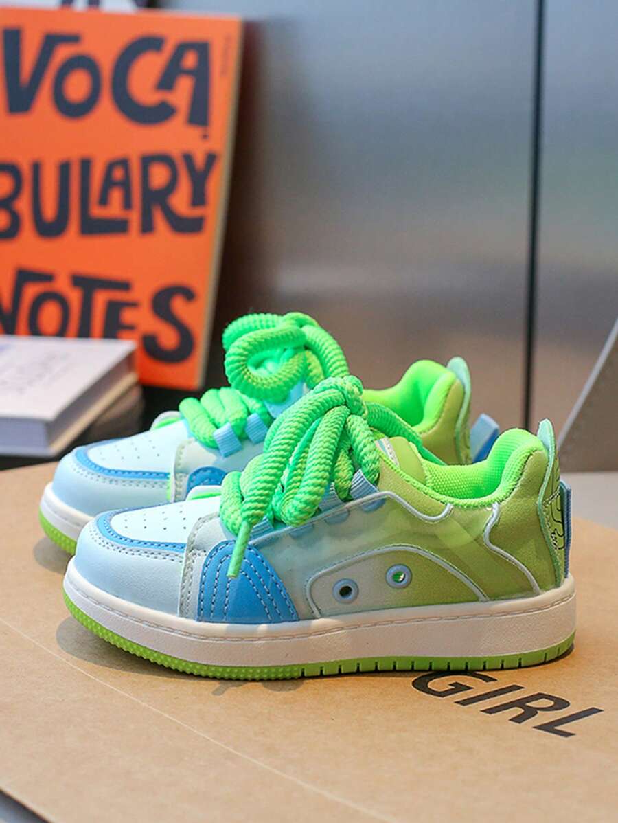 Girls' Colorful Contrast Neon Green Skateboard Style Casual Sports Sneakers, New Kids White Shoes