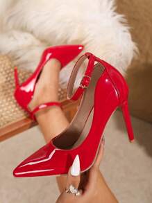 Spring Women's Fashionable Red High Heels, Classy Versatile Non-Slip Pointed Toe Ankle Strap Pumps, Sexy Slim Stiletto