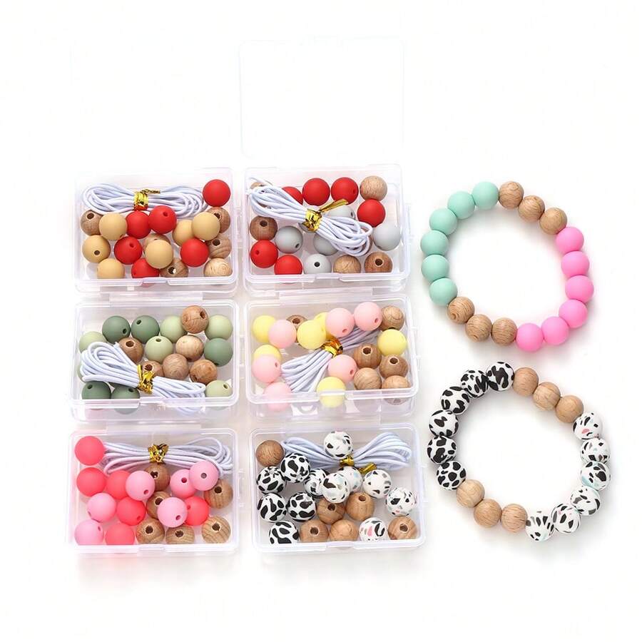 19pcs/Box 12mm Silicone Beads And Wooden Beads DIY Loose Bead Set With Elastic Cord, For Making Bracelet, Necklace, And Various Decorative Pendant - Multicolor - View 1