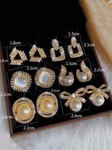 6pcs/Set Elegant Retro Rhinestone Cat Eye, Geometric Shape, Faux Pearl Stud Earrings, Suitable For Daily Wear And Occasions - Multicolor - View 8