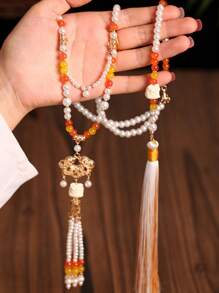 قلادة قديمة طويلة الشرشف، قلادة اللؤلؤ الصناعي على الطراز الصيني للسيدات، اكسسوارات حزب وأزياء عصرية، هدايا للأصدقاء المقربين - الذهبي - مشاهدة 6