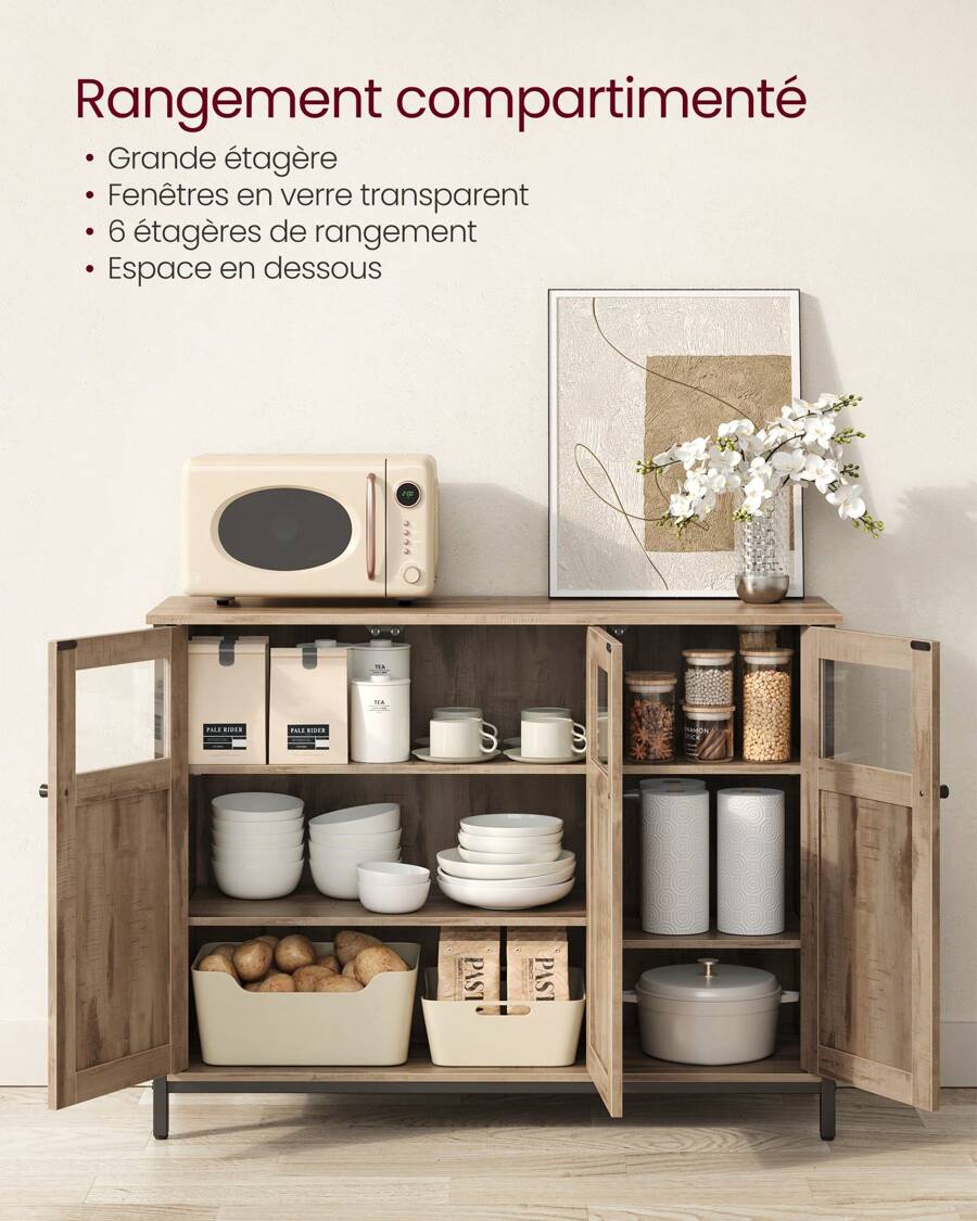 VASAGLE Meuble de Rangement, Buffet, avec Placard 3 Portes, pour Salle à Manger, Salon, Cuisine, entrée, Cadre en Acier, Style Industriel, Marron camel, noir d'encre - Camel - Voir 1