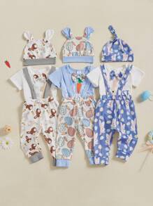 Baby Boys Easter Outfits Letter Rabbit/Carrot Print Short Sleeve Rompers Suspender Pants Hat 3Pcs Clothes Set