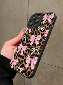 Bow-Knot 1pc Pink Bow & Leopard Print Pattern Full Protection Phone Case Compatible With IPhone 7 8 X XS XR 11 12 13 14 15 16 Pro Plus ProMax, Shock-Absorbing Protective Cover