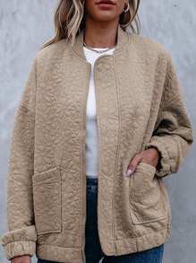 2025 Spring New Women's Lightweight Jacket, Solid Color 3D Printed Zipper Long Sleeve Coat - Beige - View 5