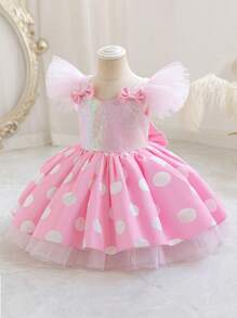 小女孩亮片蝴蝶结薄纱盖袖波尔卡圆点派对礼服，优雅公主裙，适合女孩生日派对、婚礼、花童、舞会、庆典、节日 - 粉色 - 查看 3