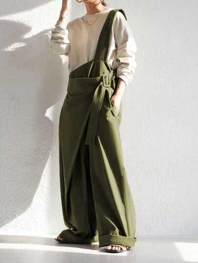 Mono de verano para mujer con un hombro, estilo artístico, suelto, con botones en los tirantes, color verde militar, largo, adecuado para uso casual diario, al aire libre y vacaciones