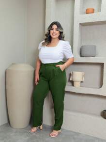 Plus Size Tailored Trousers With Button P To G3 - Army Green - View 3