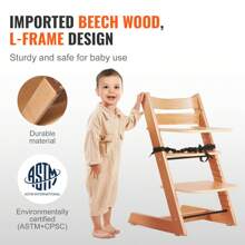 Wooden High Chair For Babies & Toddlers, Convertible Adjustable Feeding Chair, Eat & Grow High Chair With Tray, Grow With Kid Portable Baby Dining Booster Seat, Beech Wood Toddler Chair, Natural - 18.23x19.1x31.3 inch,Color: Natural - 查看 4