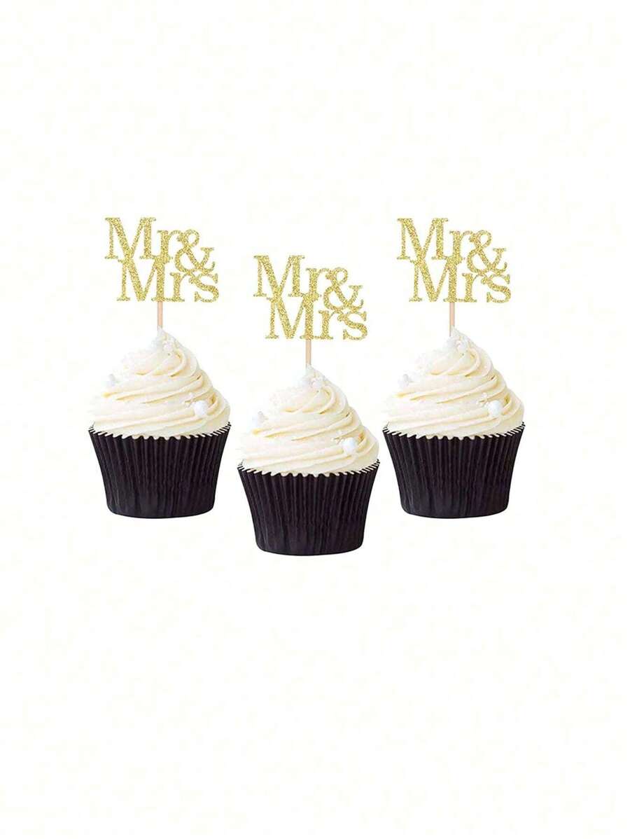 12 piezas Mr & Mrs Decoraciones para cupcakes con purpurina dorada, adecuados para bodas, baby showers, cumpleaños, Día de la Madre, aniversarios, San Valentín, Navidad y talla grande.