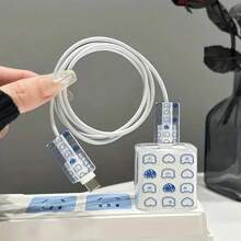 三合一蓝色爱心熊图案 18W/20W 充电器套装，兼容 - 透明 TPU 线缆保护壳，完美礼物