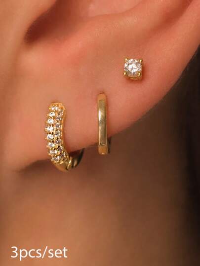 3 件全锆石镶嵌女士环形耳环，闪亮 CZ 耳钉 18K 镀金不锈钢耳环套装