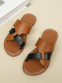 儿童时尚露趾平底一脚蹬凉鞋，可爱防滑沙滩和浴室拖鞋