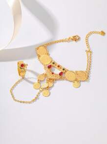 1pc Retro Geometric & Coin Rhinestone Decor Finger Ring Bracelet, Suitable For Women, Party, Wedding