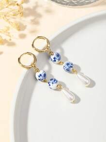 Vintage Neo-Chinese Style Ceramic Printed Earrings, Stainless Steel Imitation Ginger Jar Earrings Suitable For Women's Daily Wear