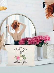 姐妹伴娘伴娘主题印花拉链化妆包，百搭黑白麻布化妆包，婚礼旅行洗漱用品收纳包，便携化妆包，多功能包，旅行化妆包，花朵字母图案拉链收纳包