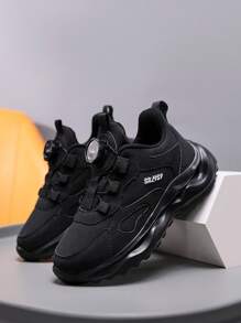 Casual Warm Velvet Inner Running Shoes With Rotary Button For Boys, Lightweight Non-Slip Sneakers Black Shoes To School - Black - View 6